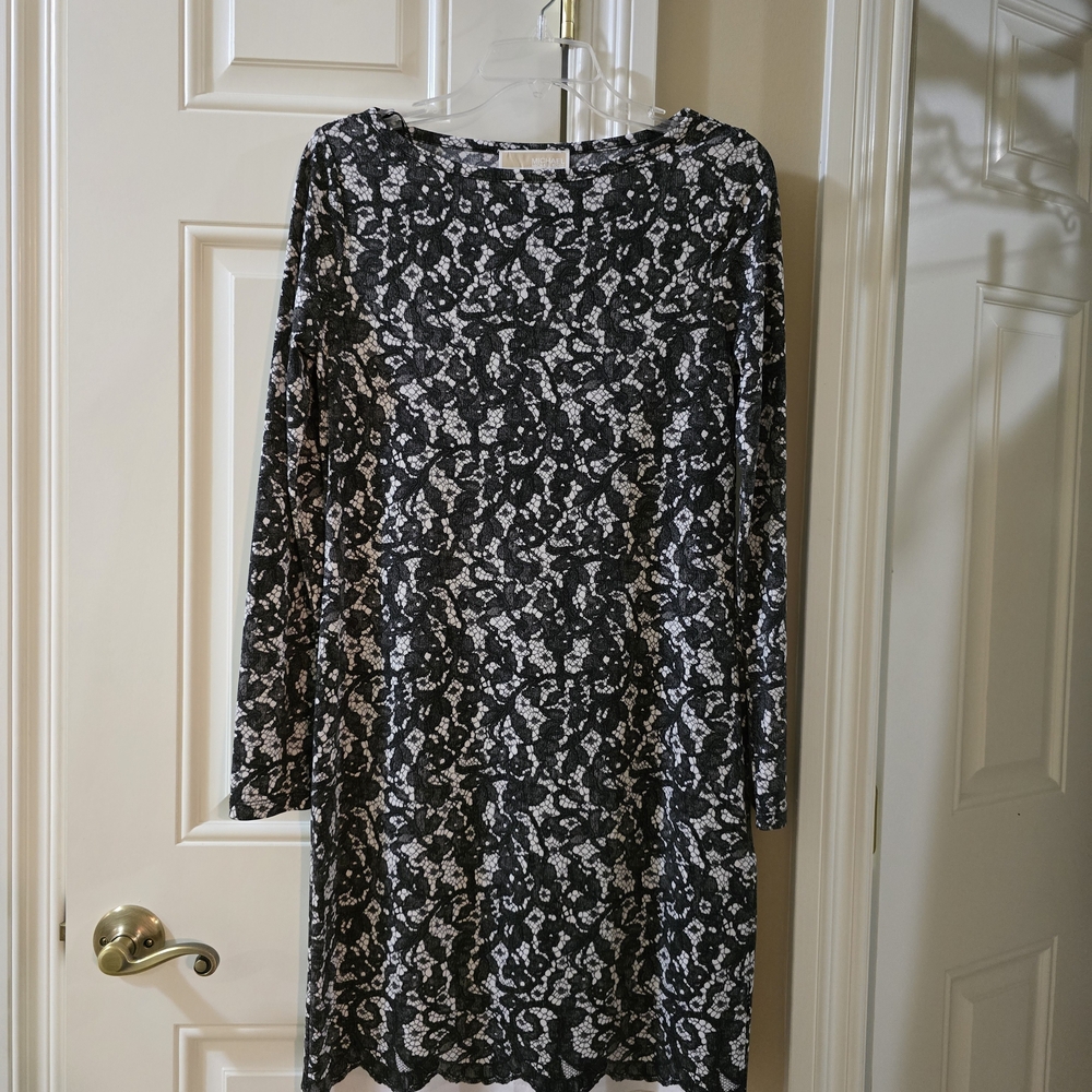 Michael Kors Black and White Floral Long Sleeve Dress